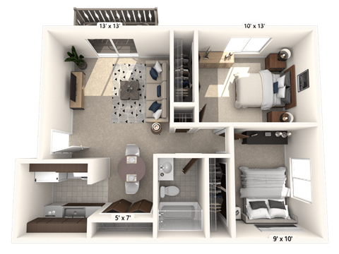 Floor plan for 2 beds, 1 bath, 678 sqft